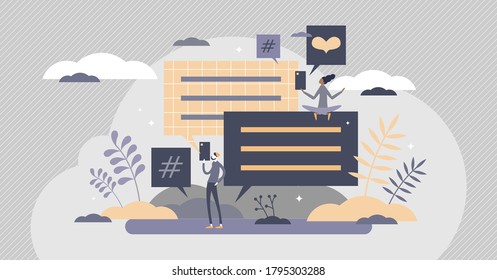 Messages communication with mobile phone sms text apps tiny person concept. Conversation and dialog chat send or receive scene vector illustration. Abstract speech and discussion process visualization