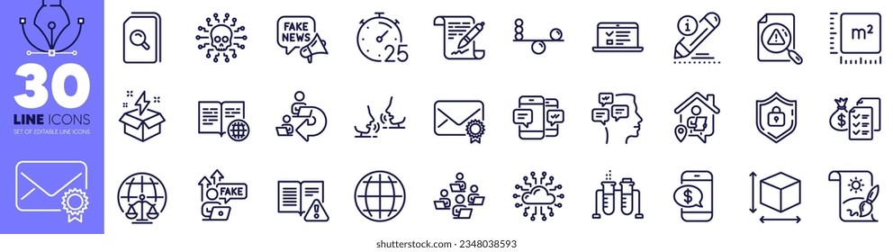 Messages, Creative idea and Balance line icons pack. Search document, Magistrates court, Chemistry beaker web icon. Instruction manual, Smartphone sms, Phone payment pictogram. Edit. Vector
