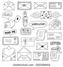 Messages, envelopes, letters in doodle style. Communication concept. 