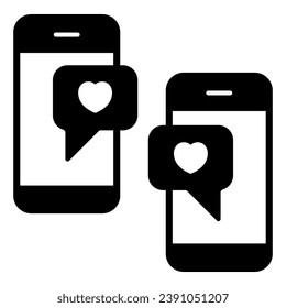 Messages with hearts in smartphone solid icon, love and dating concept, texting likes vector sign on white background, glyph style icon for mobile concept and web design. Vector graphics