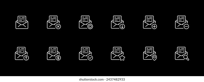 Messages icon set. Mail, text, cross, tick, GPS, delivery, postal, money, dollar. White line icon on black background. Vector line icon for business and advertising