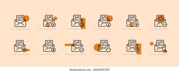 Conjunto de iconos de mensajes. Correo, texto, cruz, marca, GPS, entrega, postal, dinero, dólar. Fondo de color pastel. Icono de línea vectorial para negocios y publicidad