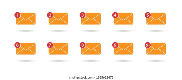 Icono de mensajes con notificación. Colección de iconos de mensajes de sobres. Concepto de mensaje recibido. Nuevo mensaje entrante por correo electrónico, sms. Sobre amarillo. Ilustración vectorial