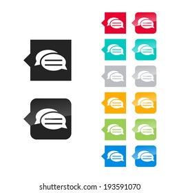 Messages icon for user interface - flat and glossy style, color variations. Stylized square speech bubbles with symbol.