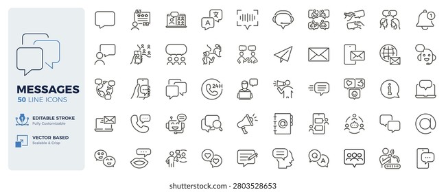 Messages icons. Communication, chat, messaging, speech bubbles and customer support thin line icon set. Editable stroke vector illustrations.
