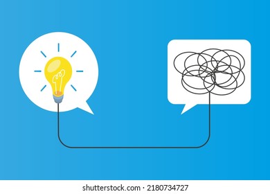 messages and light bulbs, creative thinking and non-creative thinking. Vector illustration