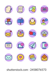 Mensajes e iconos finos de correo establecidos. SMS, chat telefónico, correo electrónico, notificación por teléfono o computadora. Iconos vectoriales de línea para la comunicación, servicio en línea, mensajero, concepto de tecnología de Internet