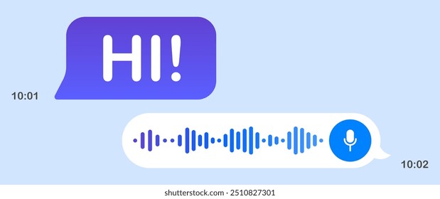 Mensagens no Messenger. Bolha de fala azul, fundo branco, mensagem de texto, Oi, Coloque seu conteúdo, correio de voz, enviar, entregue, ler, comunicação, on-line, tempo de envio, reações, microfone, gravar