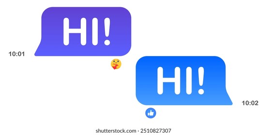 Mensagens no Messenger. Bolhas de fala azuis, fundo branco, mensagens de texto, Oi, Coloque seu conteúdo, mail, enviar, entregue, ler, comunicação, on-line, tempo de envio, reações, emoticon, como. Vetor