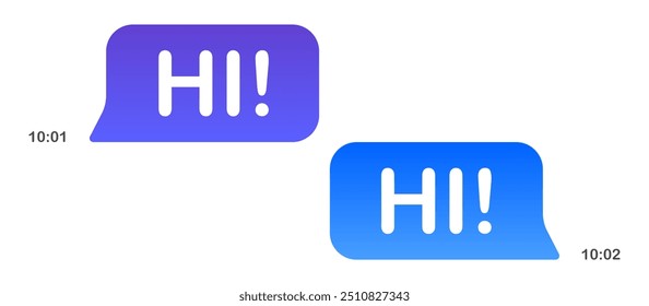 Messages in messenger. Blue speech bubbles on white background, texting, Hi, Space to place your content, correspondence, mail, send, delivered, read, communication, online, sending time. Vector