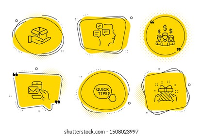 Messages, Messenger mail and Gift signs. Chat bubbles. Hold box, Quick tips and Salary employees line icons set. Delivery parcel, Helpful tricks, People earnings. Notifications. People set. Vector