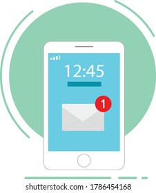 Messages notifications on the phone. Vector Smartphone with email app on screen, Flat Design style. Vector cartoon illustration for web. 
