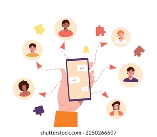 Mensajes en la pantalla del smartphone. Comunicación en redes sociales y mensajería instantánea, correspondencia amistosa, correo electrónico y chats. Ilustraciones de caricaturas de vectores planos aisladas en fondo blanco