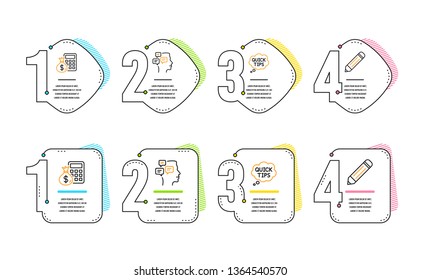 Messages, Quick tips and Finance calculator icons simple set. Pencil sign. Notifications, Helpful tricks, Calculate money. Edit data. Education set. Infographic timeline. Line messages icon. Vector