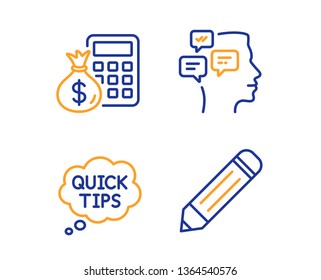 Messages, Quick tips and Finance calculator icons simple set. Pencil sign. Notifications, Helpful tricks, Calculate money. Edit data. Education set. Linear messages icon. Colorful design set. Vector