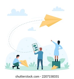 Messages In Social Media, Email And Online Communication Vector Illustration. Cartoon Tiny People Holding Mobile Phone To Send Flying Paper Airplane To Address. Fast Delivery Of Digital News Concept