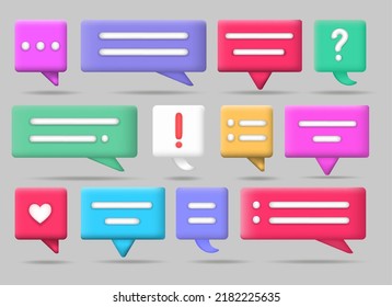Messaging 3d balloons. Different bubbles for talk service message speech dialog chatting feedback comment, digital speak vector templates, thinking chat cloud minimal box frames