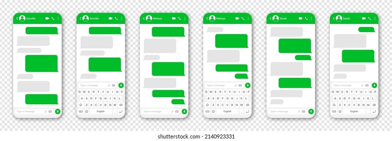 Messaging app design, user interface. Blank SMS text frame. Conversation chat screen with green message bubbles. Social media application. Vector illustration.