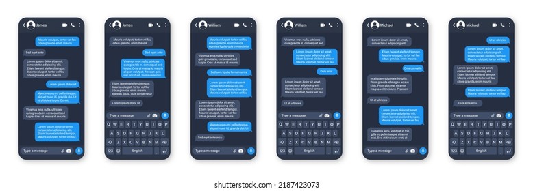 Messaging app design, user interface. SMS text frame. Conversation chat screen with blue message bubbles and placeholder text. Social media application. Vector illustration.