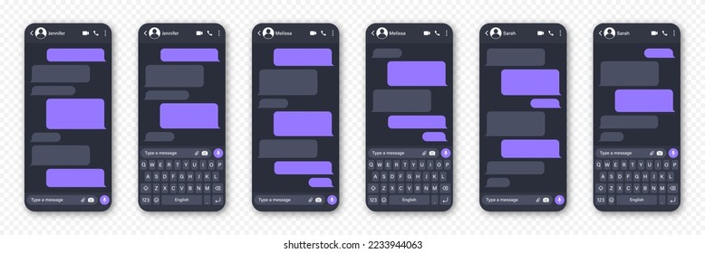 Messaging app design, user interface. Blank SMS text frame. Conversation chat screen with violet message bubbles. Social media application. Vector illustration.