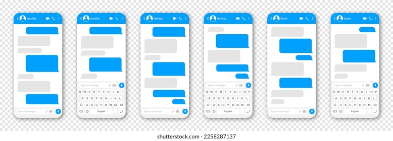 Messaging app design, user interface. Blank SMS text frame. Conversation chat screen with blue message bubbles. Social media application. Vector illustration.