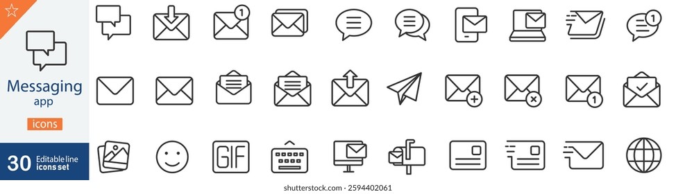 Messaging App Line Icons Set. Collection of 30 outline icons representing chat, communication, texting, mobile messages, and social media conversations. Editable stroke vector illustration.