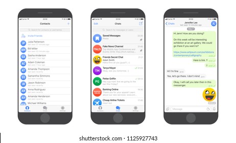 Messaging App Telegram Messenger UI and UX Concept Realistic Flat Vector Mockup in Minimalist Classic Theme on Smart Phone Screen. Social Network Design Template