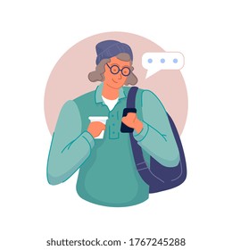 Aplicación de mensajería. Joven con mochila, taza de café, mensajes de texto, charlas y mensajes en el gadget de un teléfono móvil. Persona de usuario comunicándose en un smartphone. Aplicación de redes sociales, tecnología y comunicación