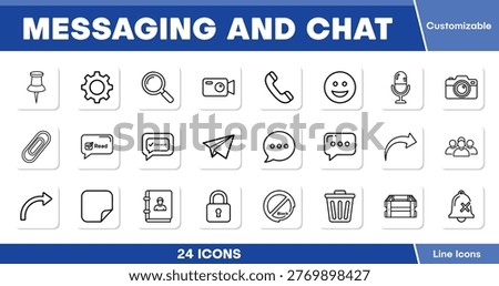 Messaging and Chat vector icon set, 24 customizable line icons for communication apps and digital interfaces, modern UI UX design elements.