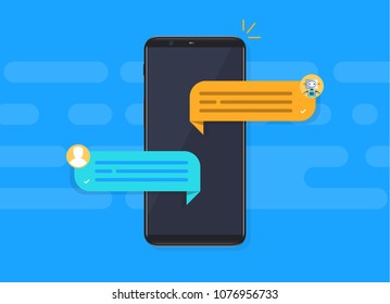 Messaging with chatbot concept. Person chatting with chat bot on smartphone. Chat bubbles on mobile phone screen. Vector flat illustration
