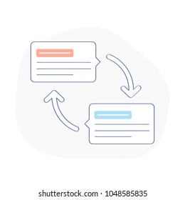 Messaging, chatting, conversation, question and answer, message exchange, chat messages notifications, sharing contacts concept or chat dialog clouds with arrows. Flat outline vector illustration.