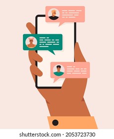 Messaging, chatting, texting on mobile phone. Hand holding a smartphone with a messenger on the screen. Online communication, conversation, dialog. Team, friends talking. Flat vector illustration