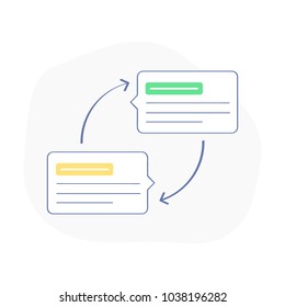 Messaging, chatting, two messages, receive and send a message bubble. Communication, dialogue, information exchange, exchange of ideas, thoughts. Flat outline social media icon vector illustration.