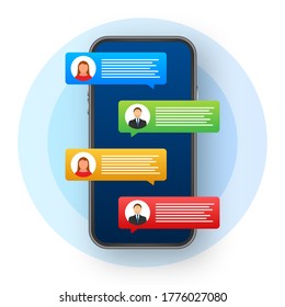 Messaging concept. Hand holding smartphone with chatting people. Chat text bubbles on phone screen.