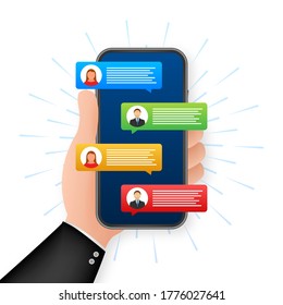 Messaging concept. Hand holding smartphone with chatting people. Chat text bubbles on phone screen.