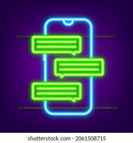 Messaging concept. Hand holding smartphone with chatting people. Chat text bubbles on phone screen. Neon icon. Vector illustration