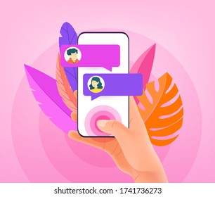 Messaging concept. Man holding modern smartphone and tapping on the screen. Trendy style illustration