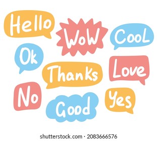 Messaging design elements. Textured speech bubble signs. Hand drawn text vector set. Colorful text clouds with different words.