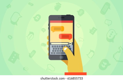 Messaging flat concept, hand holding smartphone and writing message vector illustration