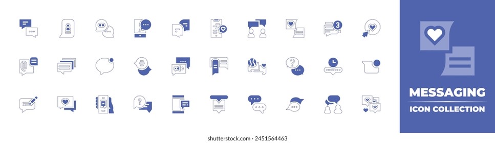 Messaging icon collection. Duotone style line stroke and bold. Vector illustration. Containing speech bubble, chat, megaphone, message, mobile, chat box, dialog, new chat, conversation, blog.