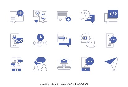 Messaging icon set. Duotone style line stroke and bold. Vector illustration. Containing speech bubble, likes, chat, message, mobile, send, smartphone, add, conversation.