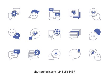 Messaging icon set. Duotone style line stroke and bold. Vector illustration. Containing speech bubble, chat, dating app, discussion, new chat, chat bubble, dialogue.