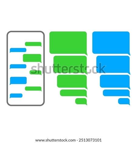 Messaging icon set. Green and blue bubbles. Vector chat symbols. Simple communication graphic.