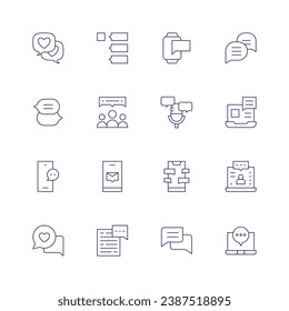 Messaging icon set. Thin line icon. Editable stroke. Containing chat, chat bubble, online chat, comments, feedback, smartphone, smartwatch, conversation, video call, live streaming, chatting, laptop.