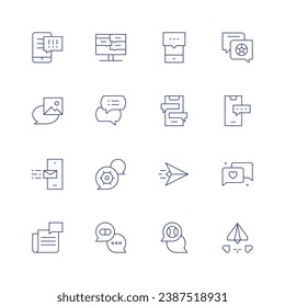 Messaging icon set. Thin line icon. Editable stroke. Containing notice, chat box, image, speech bubble, smartphone, chat, newspaper, comment, paper plane, soccer.
