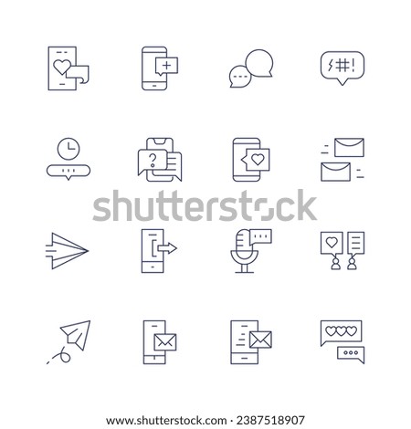 Messaging icon set. Thin line icon. Editable stroke. Containing love, timer, send, paper plane, emergency, chat, support, like, mail, microphone, email, insult, discussion, texting.