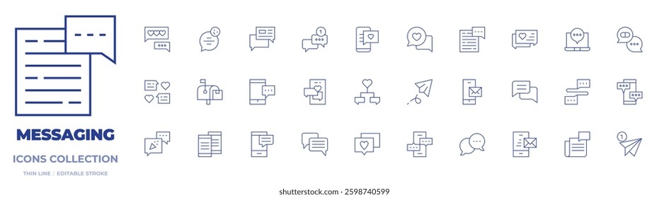 Messaging icons collection. Thin Line icons, editable stroke. party, chat, smartphone, notification, chatting, laptop, mailbox, dating app, paper plane, send.