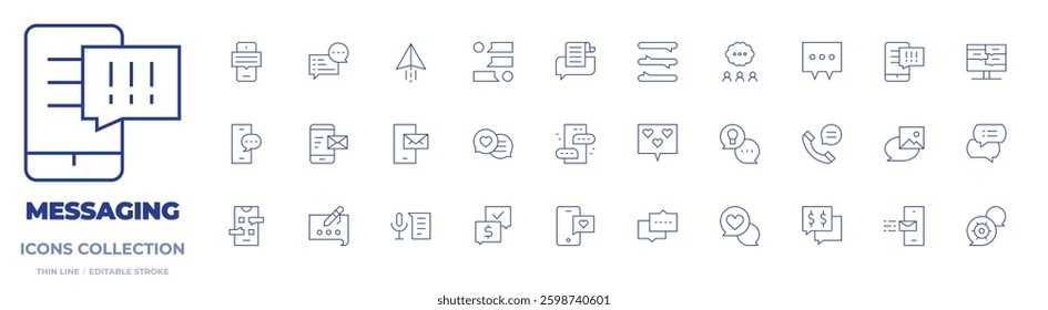 Messaging icons collection. Thin Line icons, editable stroke. chat, write, smartphone, comment, emails, paper plane, speech, email, conversation, agreement, image.