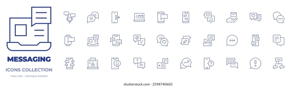 Messaging icons collection. Thin Line icons, editable stroke. chating, chat, smartphone, help, discussion, laptop, phone, chatting, complain, chat history, email.