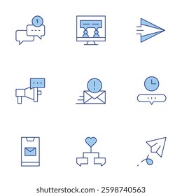 Messaging icons set. Line Duotone style, editable stroke. timer, send, paper plane, mail, megaphone, communications, chatting, chat.
